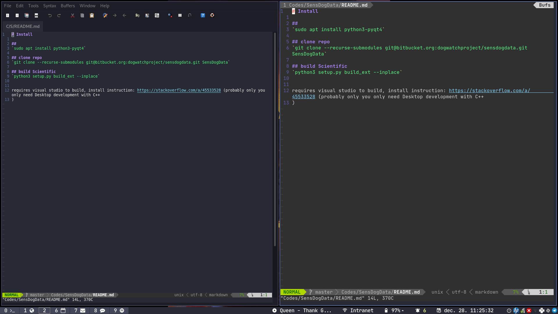 Graphical vim on the left, terminal vim on the right.